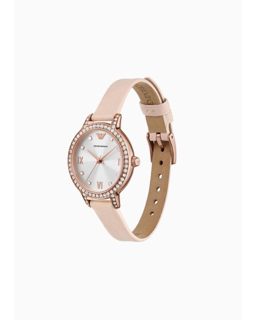 Emporio Armani White Three-hand Pink Leather Watch And Bracelet Set