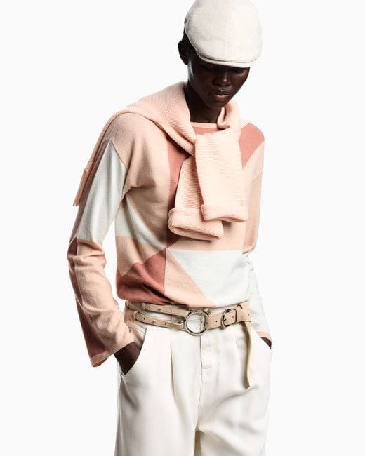 Emporio Armani Pink Icon Jumper With Check Intarsia Motif