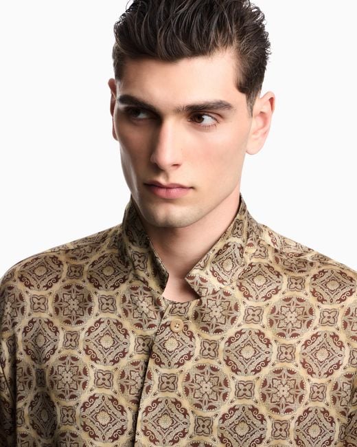 Emporio Armani Natural Double-Breasted Satin Shirt With All-Over Print for men
