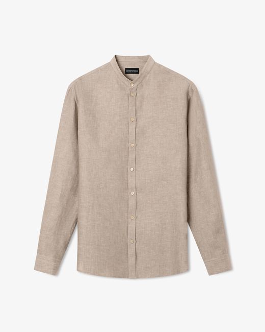 Emporio Armani White Pure Linen Shirt With Guru Collar for men
