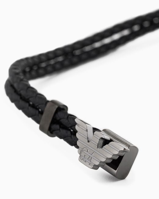 Emporio Armani Black Gunmetal Leather Id Bracelet for men