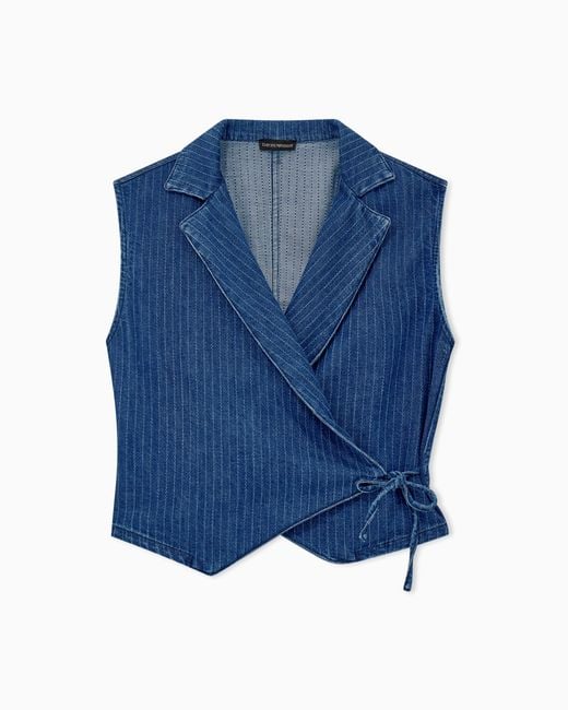 Emporio Armani Blue Pinstriped Denim Wrap Waistcoat With Lapels And A Side Tie