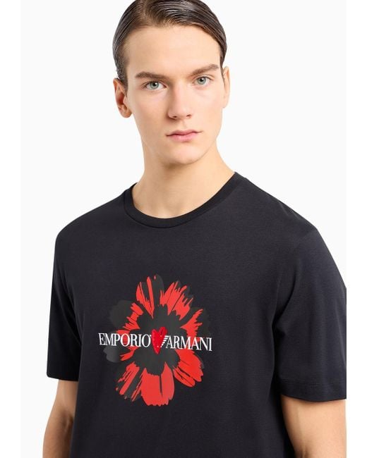 Emporio Armani Black Jersey T-shirt With Mon Amour Flocked Print for men