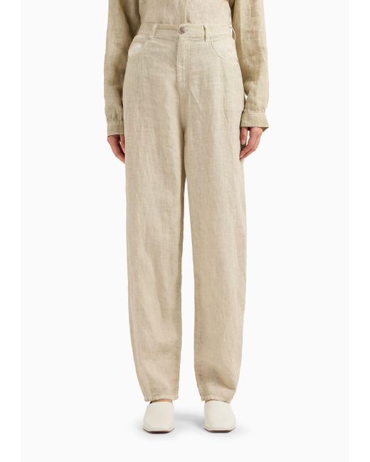 Pantalones De Cinco Bolsillos Con Pernera Ovalada De Lino Orgánico Teñido En Prenda Asv Emporio Armani de color White