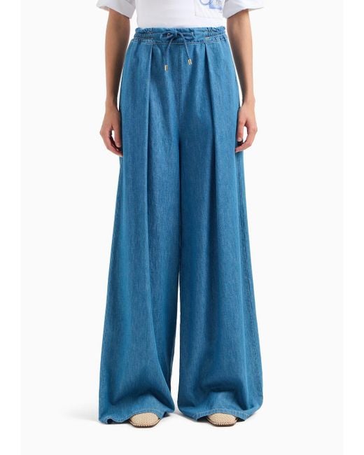 Pantalones Anchos Con Cordón En Denim Claro Emporio Armani de color Blue