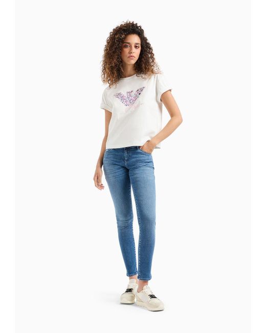 Camiseta De Punto Mercerizado Con Maxibordado De Águila Y Lentejuelas Emporio Armani de color White