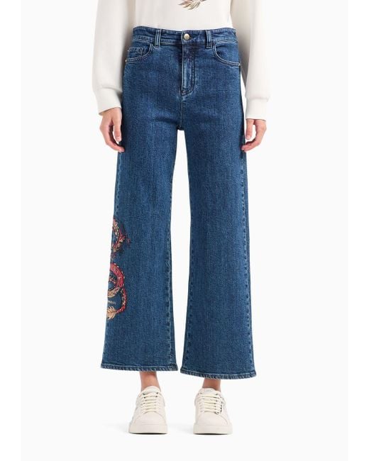 Emporio Armani Blue High-waisted Cropped Jeans In Comfort Denim With Embroidery