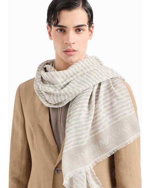 Emporio Armani White Stole In Striped, Brushed Fabric for men