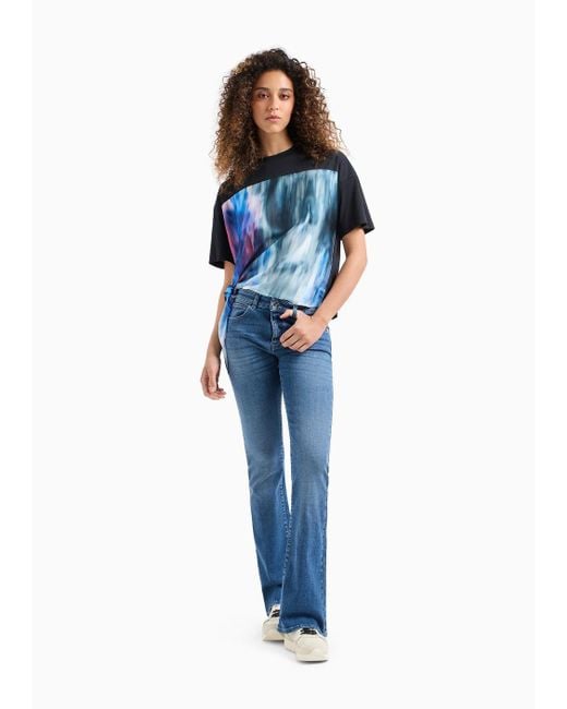 Emporio Armani Blue J47 Medium-high Waist, Flared-hem Jeans In A Worn-effect Denim