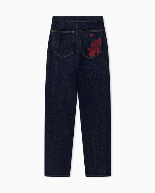 Emporio Armani Blue Denim Jeans With Boteh Capsule Embroidery