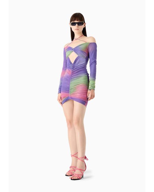 Emporio Armani Purple Sustainability Values Capsule Collection Camouflage Print Recycled Mesh Dress