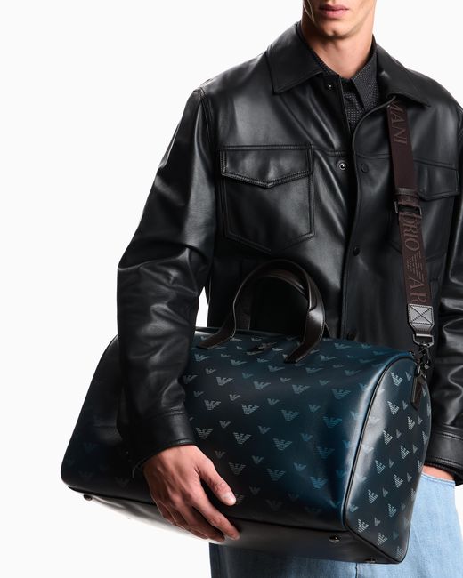 Emporio Armani Blue Coated Canvas Bowling Bag With All-Over Eagle for men