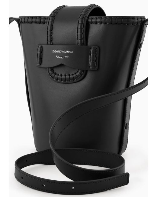 Emporio Armani Black Leather Bucket Shoulder Bag With Icon Strap