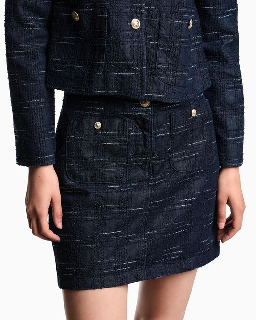 Emporio Armani Blue Jacquard Denim Skirt With Check Motif