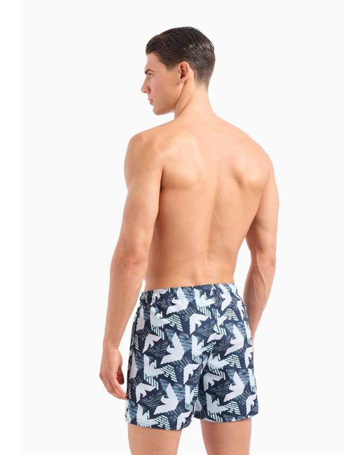 Emporio Armani Blue All-over Eagle Macro Logo Print Swim Shorts for men