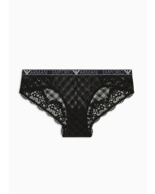 Emporio Armani Black Asv Mesh Briefs With Lace And A Gingham Pattern