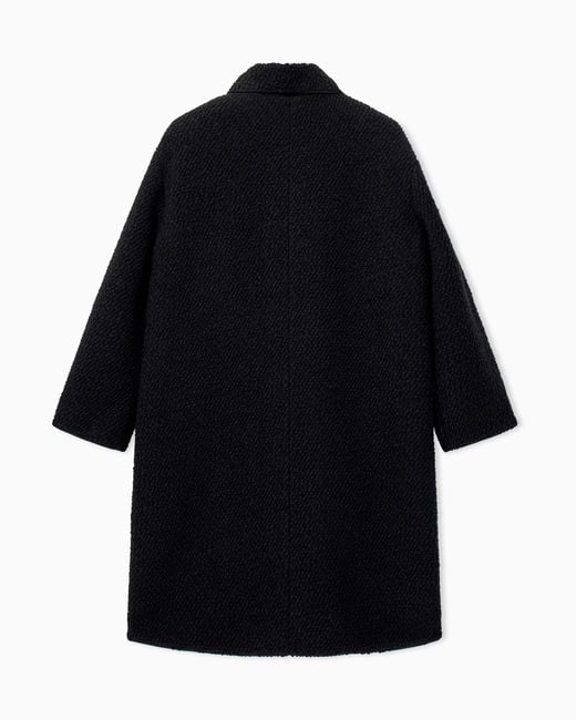 Emporio Armani Black Virgin Wool Bouclé Coat With A Shawl Collar And Pockets
