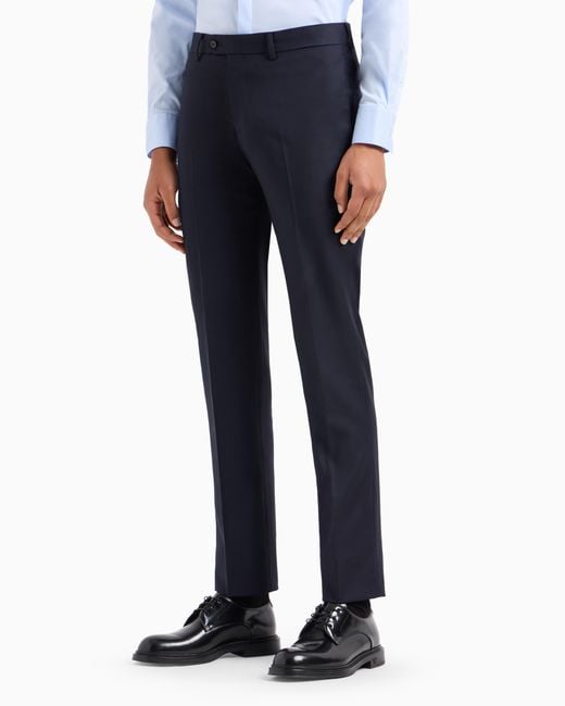 Emporio Armani Blue Slim Fit Virgin Wool Trousers With Crease Essential for men