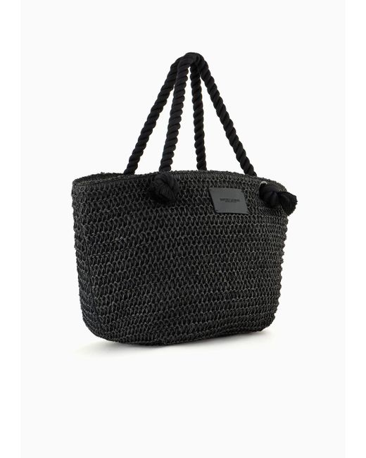 Emporio Armani Black Woven Paper Yarn Beach Bag