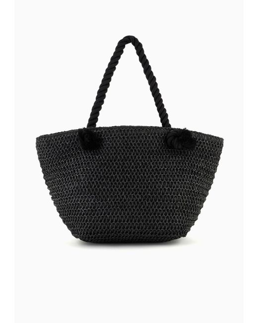 Emporio Armani Black Woven Paper Yarn Beach Bag