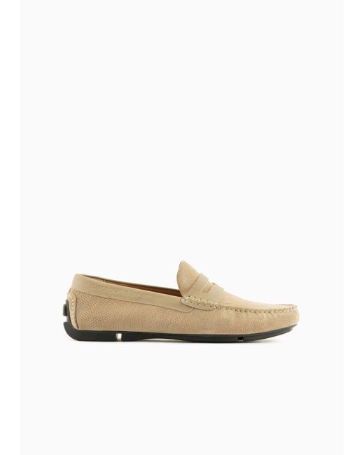 Emporio Armani White Micro-perforated Suede Driving Loafers for men