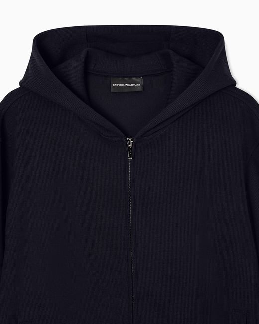 Emporio Armani Blue Travel Essential Canneté Jersey Zip-Up Hooded Sweatshirt for men