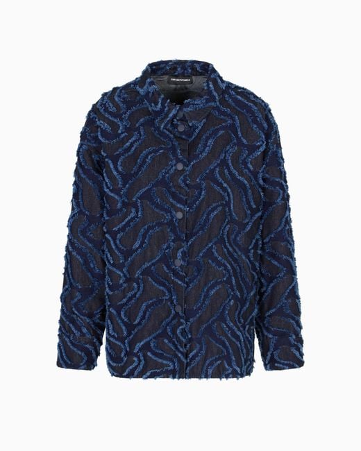 Emporio Armani Blue Fringed Embossed-Motif Jacquard Denim Shirt Jacket