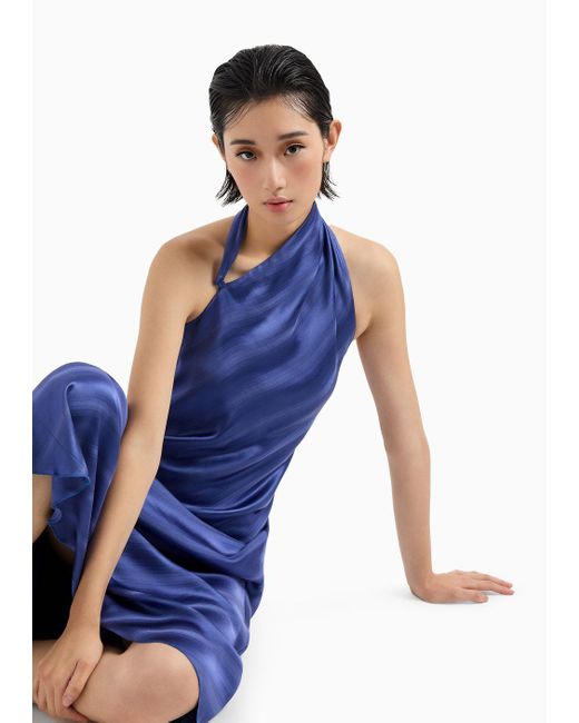 Emporio Armani Blue One-shoulder Dress In Jacquard Viscose With Diagonal Gradient-effect Motif