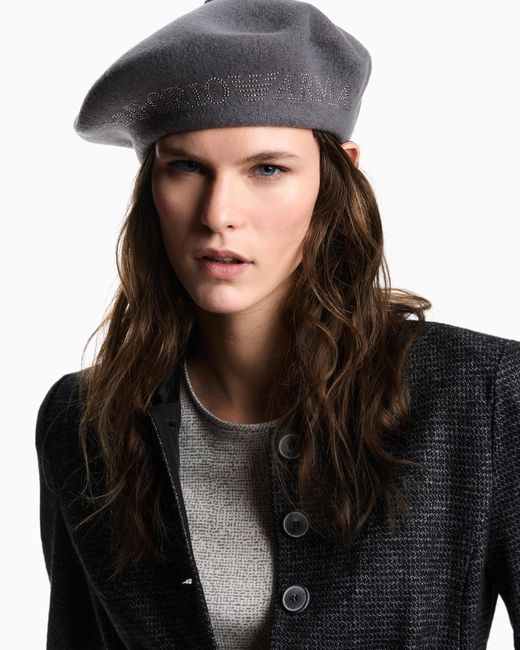 Emporio Armani White Wool Beret With A Micro-Stud Logo