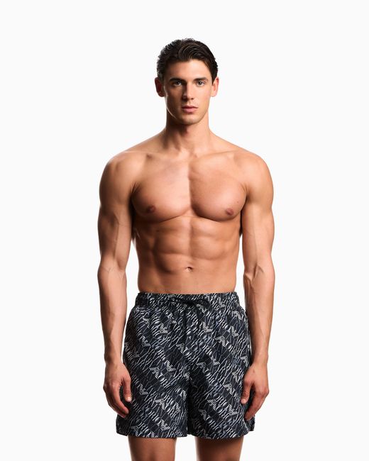 Emporio Armani Blue Swim Shorts With All-Over Logo for men