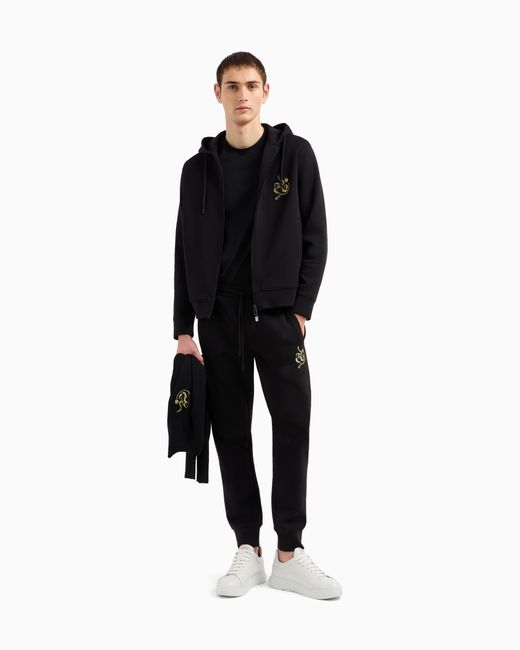 Emporio Armani Black Asv Double-Jersey Hooded Zip Sweatshirt With Lunar New Year Embroidery for men