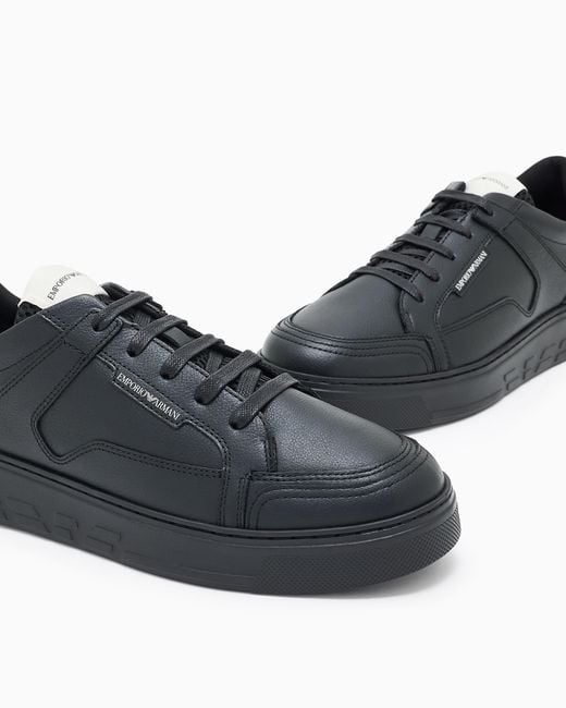 Emporio Armani Black Leather Sneaker With Tumbled Finish And Padded Collar for men