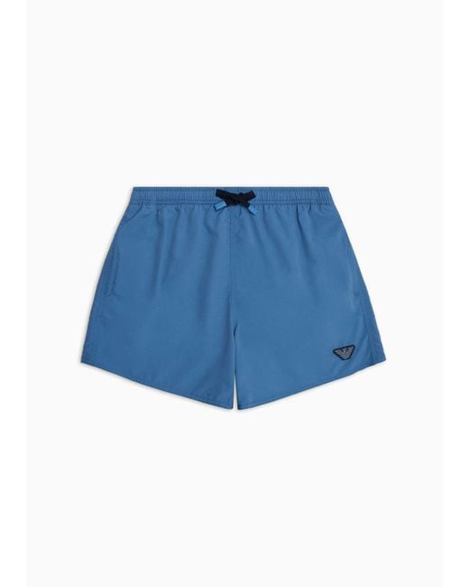 Emporio Armani Blue Swim Trunks With Laser-cut Eagle Patch for men