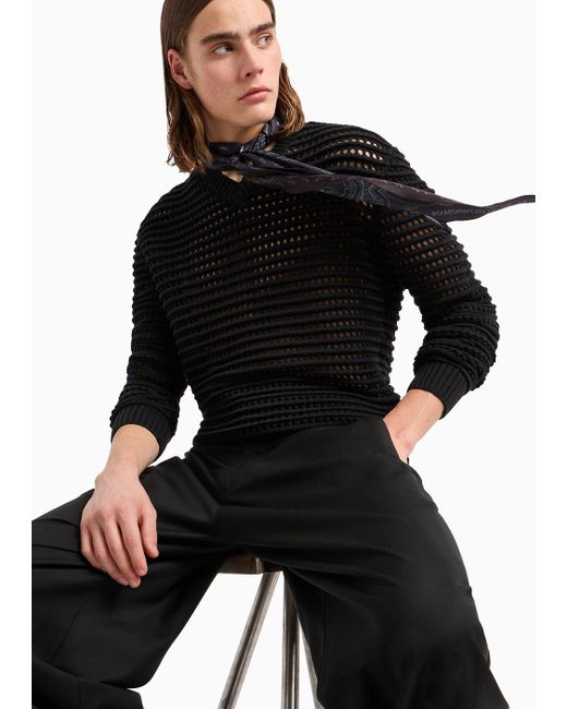 Emporio Armani Perforierter Pullover Mit V-ausschnitt Und Ottoman-stich in Black für Herren