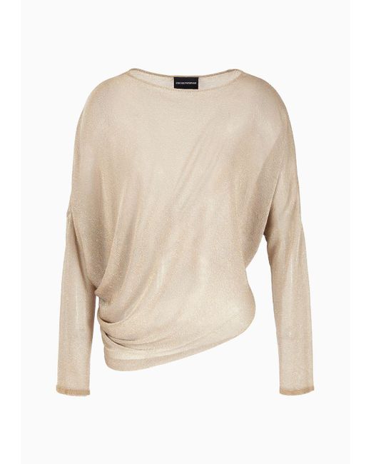 Emporio Armani Natural Jumper With Asymmetric Hem And Draping In Sheer Lurex