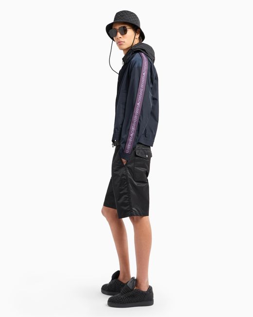 Emporio Armani Blue Lightweight Nylon, Hooded Zip-Up Blouson With All-Over Jacquard Lettering for men