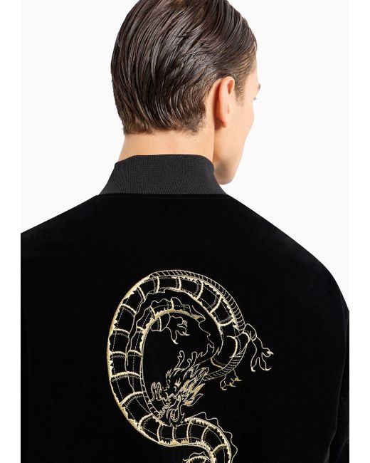 Emporio Armani Black Velvet Bomber With Oversize Dragon Embroidery for men