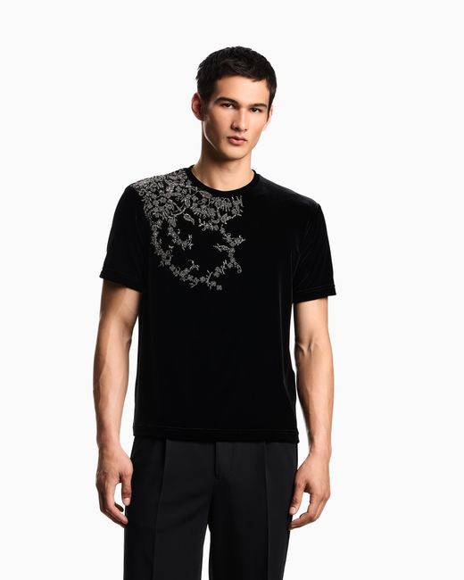 Emporio Armani Black Chenille Jersey T-Shirt With Beaded Embroidery for men