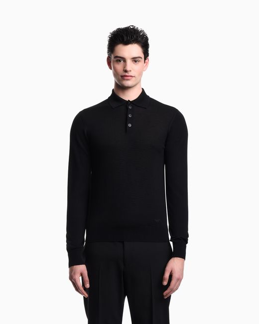 Emporio Armani Black Pure Virgin-Wool Jumper With Polo-Shirt Collar for men