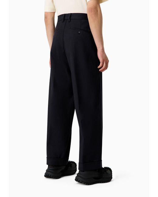 Emporio Armani Black Cotton Twill Wide Trousers With Pleat for men