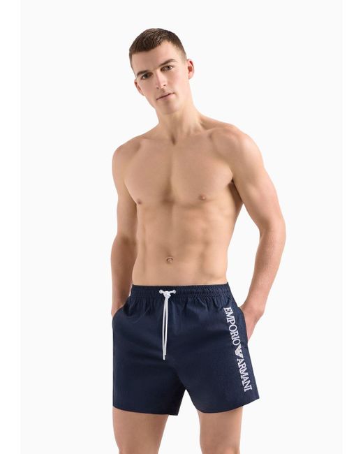 Emporio Armani Blue Crinkle Swim Shorts With Logo Embroidery On The Side for men
