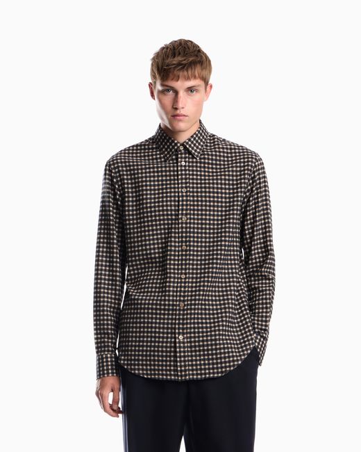 Emporio Armani Gray Long-Sleeve Micro-Check Flannel Shirt for men