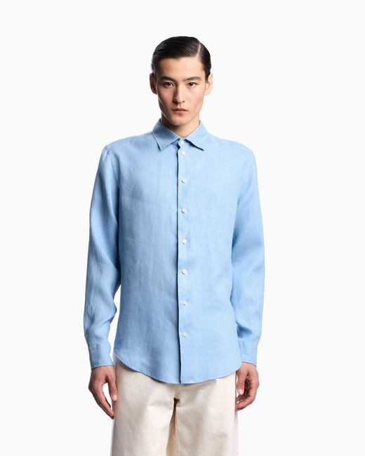 Emporio Armani Blue Garment-Dyed Linen Shirt With French Collar for men