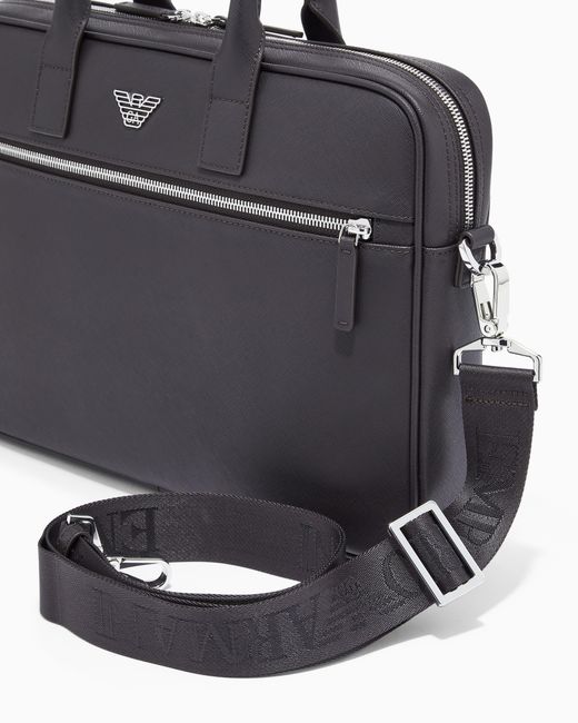 Emporio Armani Blue Regenerated Saffiano Leather Business Bag With Eagle Plate for men