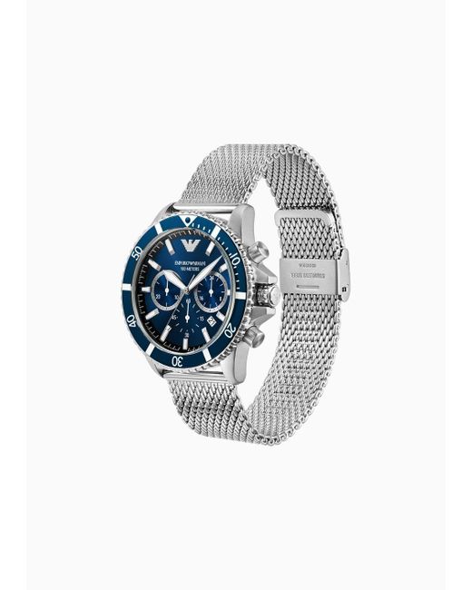 Emporio Armani Blue Chronograph Stainless Steel Mesh Watch for men
