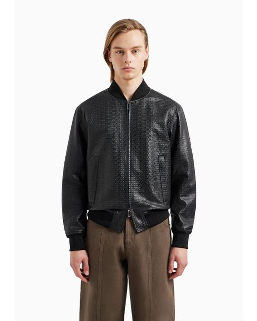 Emporio Armani Black Blouson In Vegetable-tanned Lamb Nappa Leather With All-over Lettering Print for men