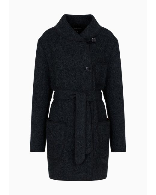 Emporio Armani Black Chalet Capsule Collection Alpaca And Mohair Blend Coat With Off-centre Closure And Belt