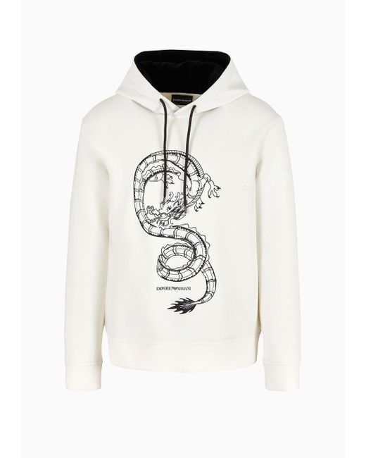 Emporio Armani White Double-jersey Hooded Sweatshirt With Dragon Embroidery for men