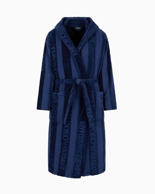 Emporio Armani Blue Striped Terrycloth Bathrobe With Logo
