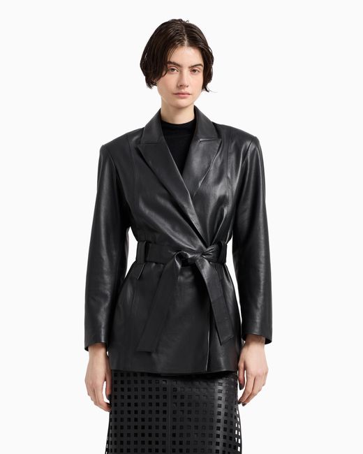 Emporio Armani Black Polygon Capsule Collection Lambskin Nappa Leather Jacket With Belt